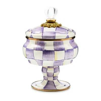 Mackenzie-childs Violet Check Curiosity Pot In White;purple;brass