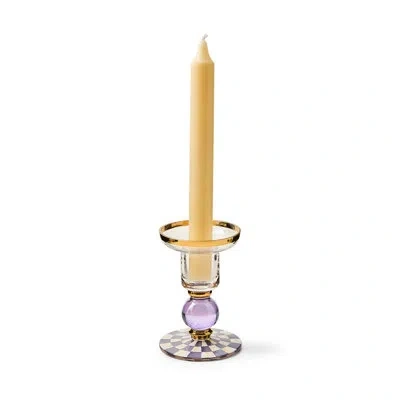 Mackenzie-childs Violet Check Large Glass Candlestick In Gold;violet