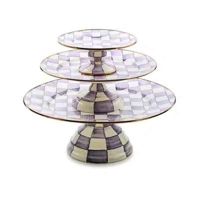 Mackenzie-childs Violet Check Pedestal Platter In White;purple