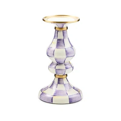 Mackenzie-childs Violet Check Pillar Candlestick In White;purple
