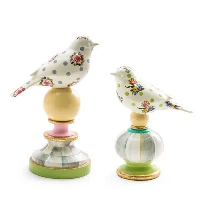 Mackenzie-childs Wildflowers Bird Topiaries - Set Of 2 Figurine In White,yellow,green,gray
