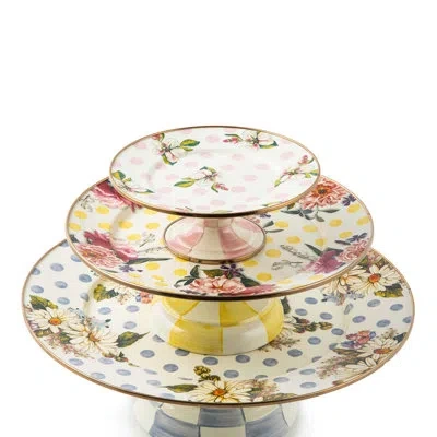 Mackenzie-childs Wildflowers Mini Pedestal Platter In Light Pink,white,green,gold