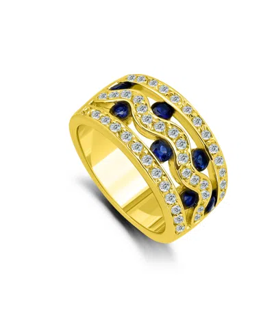Macy's 1 1/4 Cttw Pave Cubic Zirconia 3mm Round Blue Glass Stones- 3 Row Band Ring In Gold