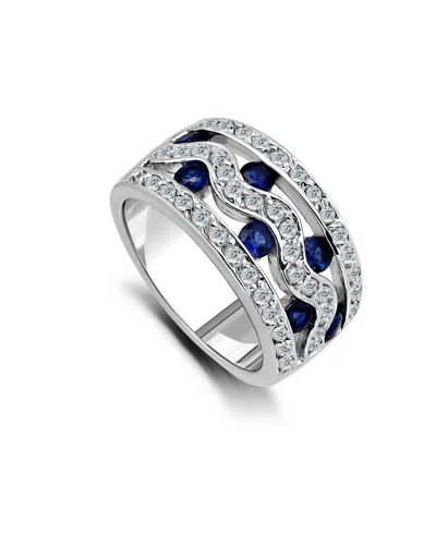 Macy's 1 1/4 Cttw Pave Cubic Zirconia 3mm Round Blue Glass Stones- 3 Row Band Ring In Silver