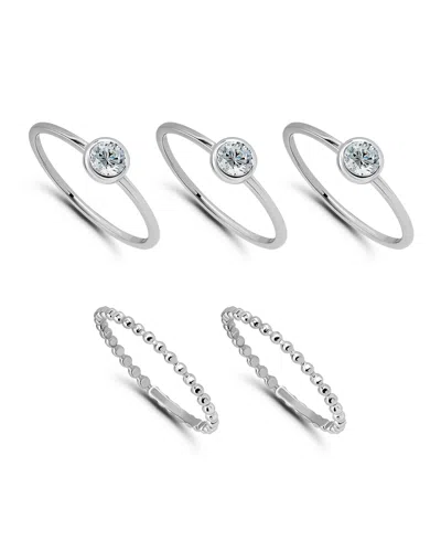 Macy's 1 1/5 Cttw 5pc Set- 3-4mm Round Cubic Zirconia Cut Stones Bezel Set On 1.5mm Polish Band + 2- 1.5mm  In Silver