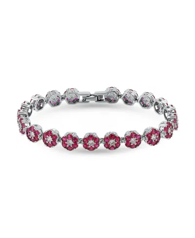 Macy's 1 Ct. T.w 2mm Round Cut Cubic Zirconia 2mm Ruby Red Glass Stones Cluster Flower Link Bracelet, Creat In Green