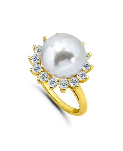 Macy's 1.0 Cttw 2mm Round Cubic Zirconia Halo 11mm Imitation Pearl On Polish Band Ring In Gold