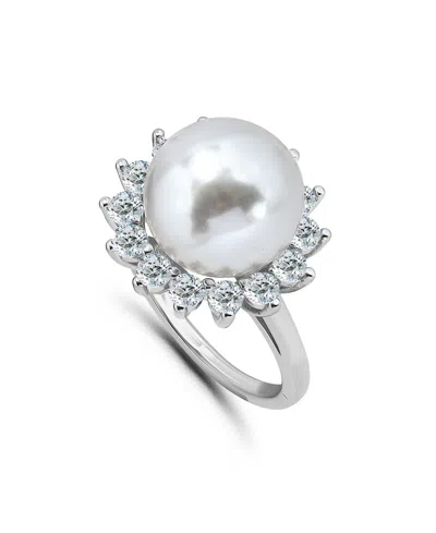 Macy's 1.0 Cttw 2mm Round Cubic Zirconia Halo 11mm Imitation Pearl On Polish Band Ring In Metallic