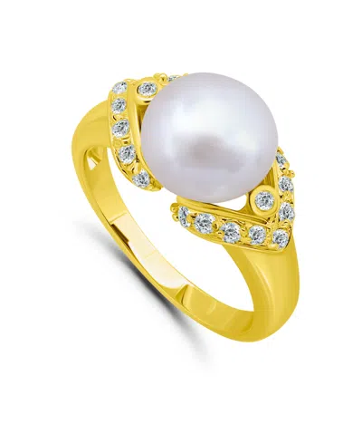 Macy's 1.0 Cttw Cubic Zirconia 10mm Imitation Pearl On Polish Band Ring In Gold