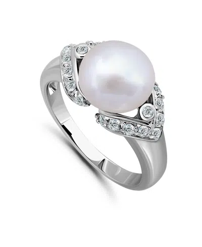 Macy's 1.0 Cttw Cubic Zirconia 10mm Imitation Pearl On Polish Band Ring In Metallic