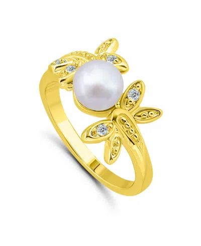 Macy's 1/20 Cttw Cubic Zirconia 8mm Imitation Pearl Butterfly Motif -polish Band Ring In Gold