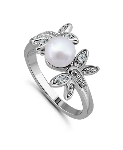 Macy's 1/20 Cttw Cubic Zirconia 8mm Imitation Pearl Butterfly Motif -polish Band Ring In Silver