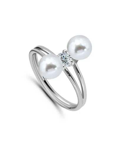 Macy's 1/3 Cttw 4mm Round Cubic Zirconia Center Stone 6mm + 5mm Imitation Pearl On Bypass Band Ring In Metallic