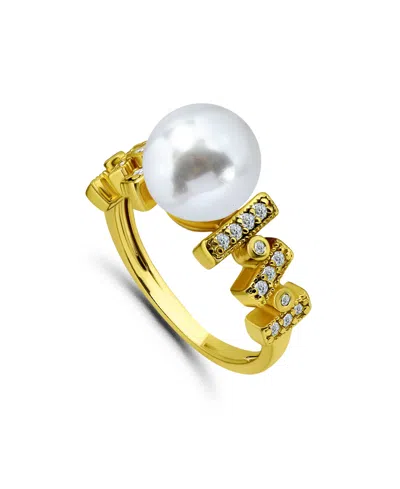 Macy's 1/4 Cttw Cubic Zirconia 10mm Imitation Pearl Bar Pattern On Sides- Polish Band Ring In Gold