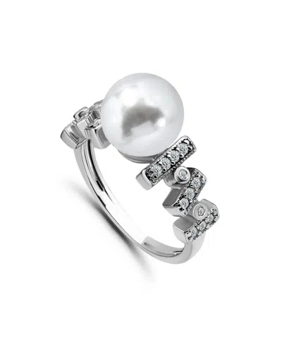 Macy's 1/4 Cttw Cubic Zirconia 10mm Imitation Pearl Bar Pattern On Sides- Polish Band Ring In Silver