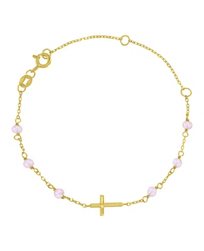 Macy's 14k Gold Over Sterling Silver Cross And Cultured Pearl Bracelet In Yellow