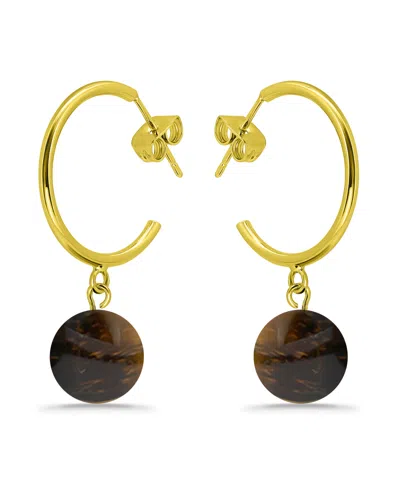 Macy's 14k Gold Plated Multi Genuine Stone Hoop Earrings In Tigers Eye
