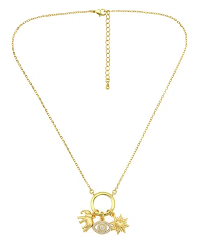 Macy's 14k Gold-plated Over Brass Circle Charm Holder With Elephant, Evil Eye And Sun Charms Necklace In Yellow