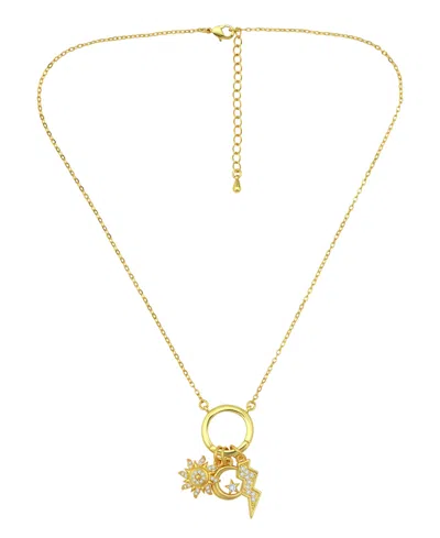 Macy's 14k Gold-plated Over Brass Circle Charm Holder With Sun, Moon, Star And Lightning Bolt Charms Neckla In Yellow