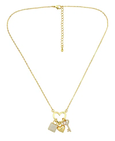 Macy's 14k Gold-plated Over Brass Heart Shape Charm Holder With Heart, Key And Lock Charms Necklace In Yellow