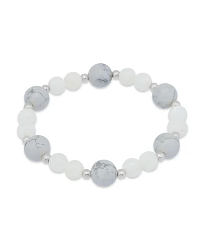Macy's 14k Gold-plated Over Brass Imitation Pearl Howlite Beads Stretch Bracelet In Gray