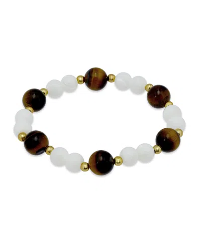 Macy's 14k Gold-plated Over Brass Imitation Pearl Tigers Eye Beads Stretch Bracelet In Metallic