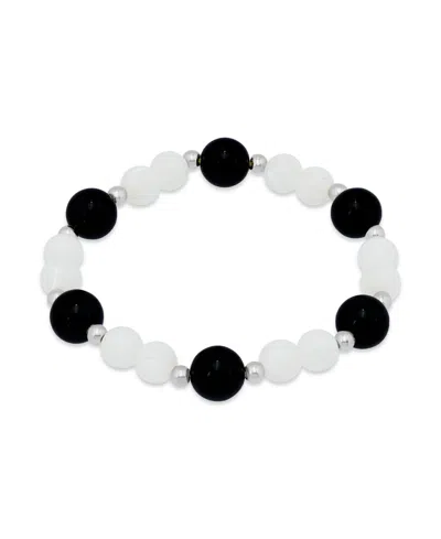Macy's 14k Gold-plated Over Brass Onyx Beads Imitation Pearl Beads Stretch Bracelet In Metallic