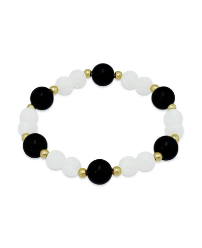 Macy's 14k Gold-plated Over Brass Onyx Beads Imitation Pearl Beads Stretch Bracelet In Multi