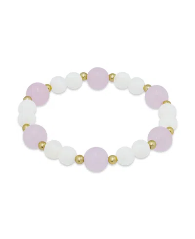 Macy's 14k Gold-plated Over Brass Rose Quartz Beads Imitation Pearl Stretch Bracelet In White
