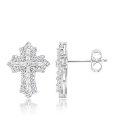 Macy's 14k Gold-plated Retro Cross Crystal Earrings In Silver