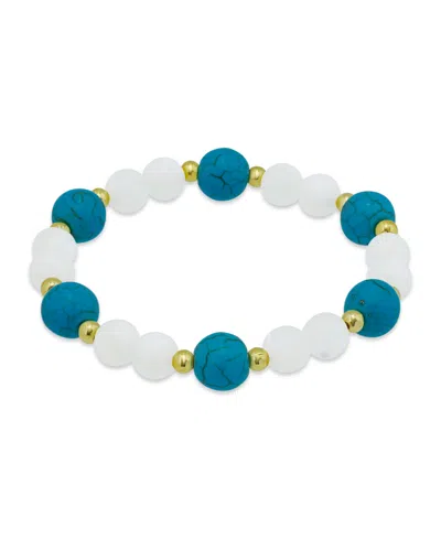 Macy's 14k Imitation Pearl Howlite Chrysocolla Beads Gold-plated Over Brass Stretch Bracelet In Blue