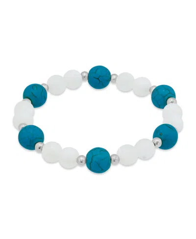 Macy's 14k Imitation Pearl Howlite Chrysocolla Beads Gold-plated Over Brass Stretch Bracelet In Metallic