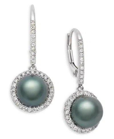 Macy's 14k White Gold Tahitian Pearl (7.5-8.0mm) And Diamond (1/4 Ct.tw.) Leverback Earrings Set In Silver