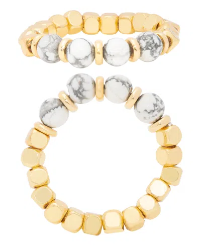Macy's 14kgold Plated Grey Bead Stretch Ring In Gold