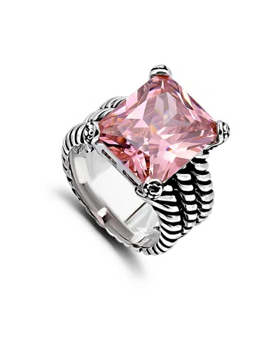 Macy's 18.0 Cttw 12x15mm Pink Emerald Cut Cubic Zirconia Center Stone On Triple 3mm Lt Oxidized Twist Rope  In Silver