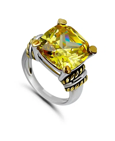 Macy's 19.6 Cttw 14mm Cushion Prong Set Canary Yellow Cubic Zirconia Center Stone With Oxidized Twist/polis In Gold