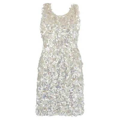 Pre-owned Macy's 1960s  Iridescent Sequin Cream Knitted Shift Dress In White