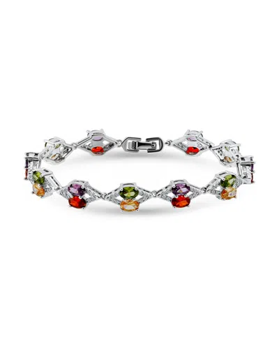 Macy's 2 1/5 Ct. T.w Pave Cubic Zirconia "x" Link 6x4mm Oval Multi Color Glass Stone Stations Bracelet, Cre In Gray