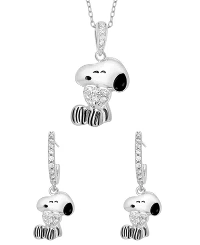Macy's 2-pc. Cubic Zirconia Snoopy Necklace And Earrings Set In Sterling Silver In Metallic