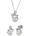 Macy's 2-pc. Cultured Freshwater Pearl (7-8mm) And Lab Created White Sapphire Earring And Bow Pendant Neckl In Silver