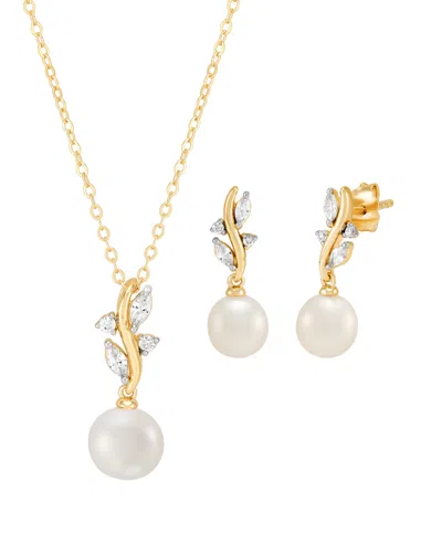 Macy's 2-pc. Cultured Freshwater Pearl (7-8mm) And White Cubic Zirconia Drop Earrings And Pendant Necklace In Gold