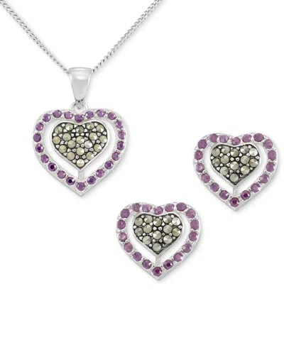 Macy's 2-pc. Set Amethyst (1-1/3 Ct. T.w.) & Marcasite Pendant Necklace & Matching Stud Earrings In Sterlin In Sterling Silver