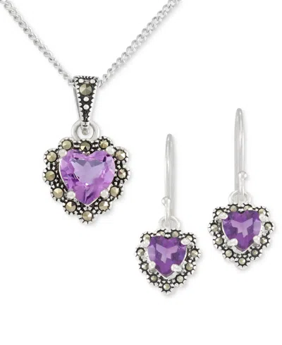 Macy's 2-pc. Set Amethyst (2 Ct. T.w.) & Marcasite Pendant Necklace & Matching Drop Earrings In Sterling Si