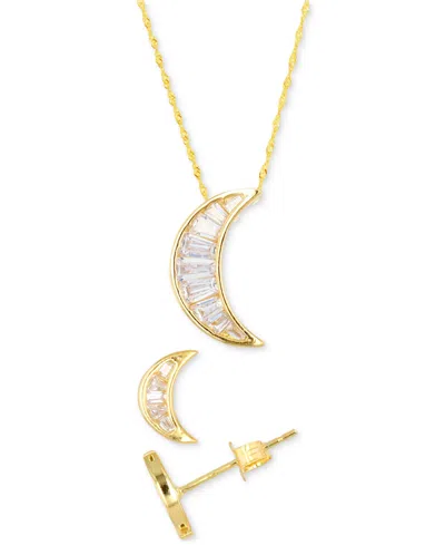 Macy's 2-pc. Set Cubic Zirconia Baguette Crescent Moon Pendant Necklace & Matching Stud Earrings In 14k Gol In Gold Over Silver