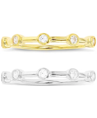 Macy's 2-pc. Set Cubic Zirconia Bezel Stack Rings In Sterling Silver & 14k Gold-plate In Two Tone