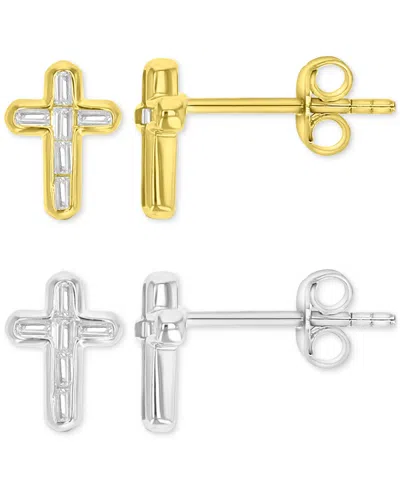 Macy's 2-pc. Set Cubic Zirconia Cross Stud Earrings In Sterling Silver & 14k Gold-plate In Yellow