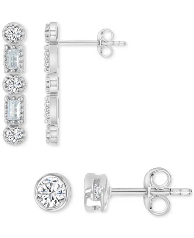 Macy's 2-pc. Set Cubic Zirconia Round & Baguette Solitaire Stud & Drop Earrings In Sterling Silver