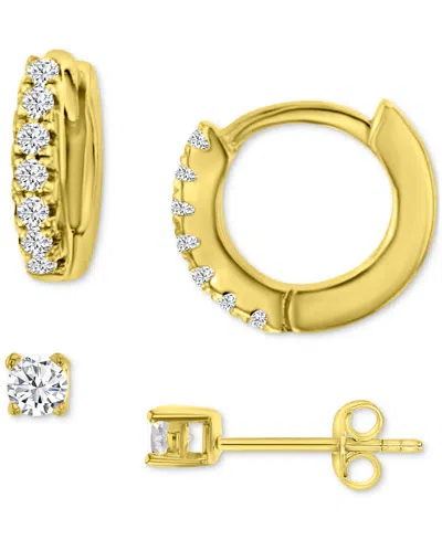 Macy's 2-pc. Set Cubic Zirconia Stud & Extra Small Hoop Earrings In 14k Gold-plated Sterling Silver In Yellow