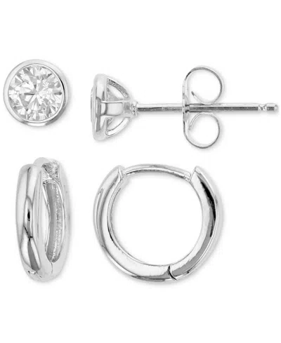 Macy's 2-pc. Set Cubic Zirconia Stud & Polished Small Hoop Earrings In Sterling Silver