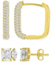 Macy's 2-pc. Set Cubic Zirconia Two-stone Stud & Pave Square Hoop Earrings In 14k Gold-plated Sterling Silv In Yellow